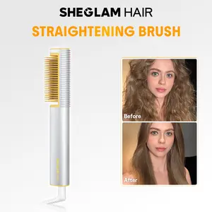 【BOGO SALE】SHEGLAM HAIR Sleek Chic 3D Thermal Straightening Brush, 24K Gold Negative Ionic Straightener Comb, 3D Anti Scald, 5 Temps, 5Min Fast Straightening, 12M Negative Ions For Frizzy Hair-Coachella-#Summervibes-mothersdaygift