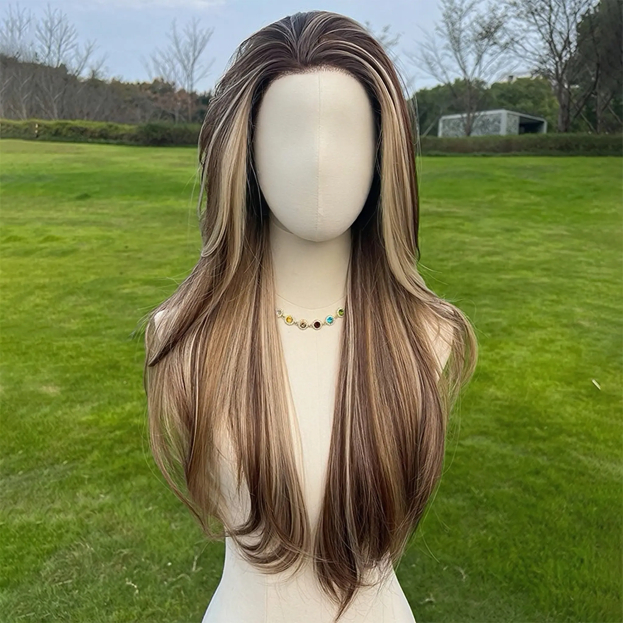 SMILCO 26in Brown and Blonde Highlight Futura Synthetic Lace Front Wig, 13*6 Lace Part, High Quality Long Straight, Adjustable Mesh Fit, Daily to Party Ready, Date Nights to Cosplay, SM9123B, Brown Highlighted Wig, Premium Synthetic Wigs Lace Frontal Wigs