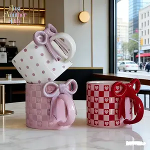 Kawaii Bow Handle Ceramic Cup, Heart Checkerboard & Polka Dot Pattern, Cute Couple Water Mug for Daily Use