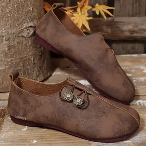 Women's Retro Style Loafers Flat Slip-On Shoes Soft Leather Button Decor Casual Loafers Indoor Outdoor