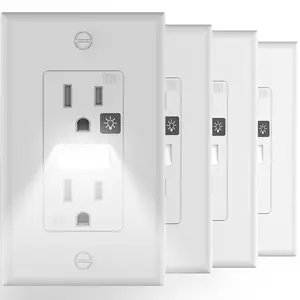 Receptacle Outlet with Night Light,White Standard Decorator Electrical Wall Outlet,15A,2 Pole,3 Wire,Tamper-Resistant,Wall Plate Included(4 Pack,White)