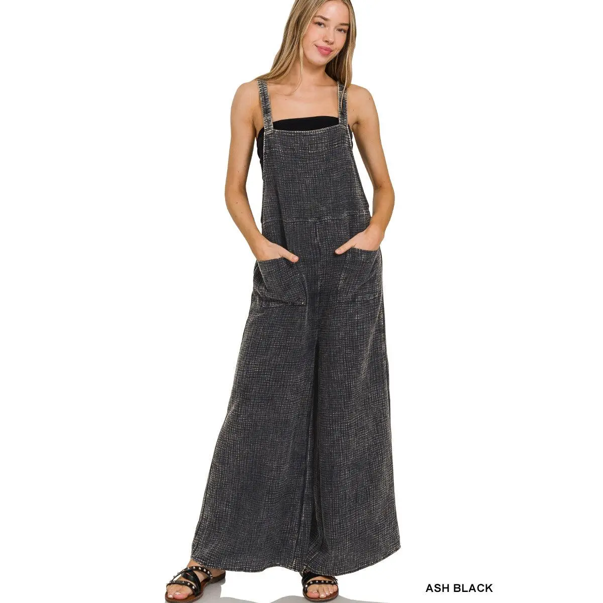 Sand Beige & Black Cotton Gauze Wide Leg Overalls – Lightweight Boho Jumpsuit with Pockets Fit Lightweight Womenswear Adjustable Bandeau Womenswear Pockets Oversized