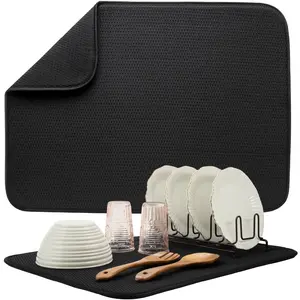 S&T INC. Dish Drying Mat XL, 18” x 24”, Absorbent Microfiber Kitchen Counter Mat, Drying Pad for Dishes, Utensils, Pots and Pans, Extra Large, Diamond Texture, Black