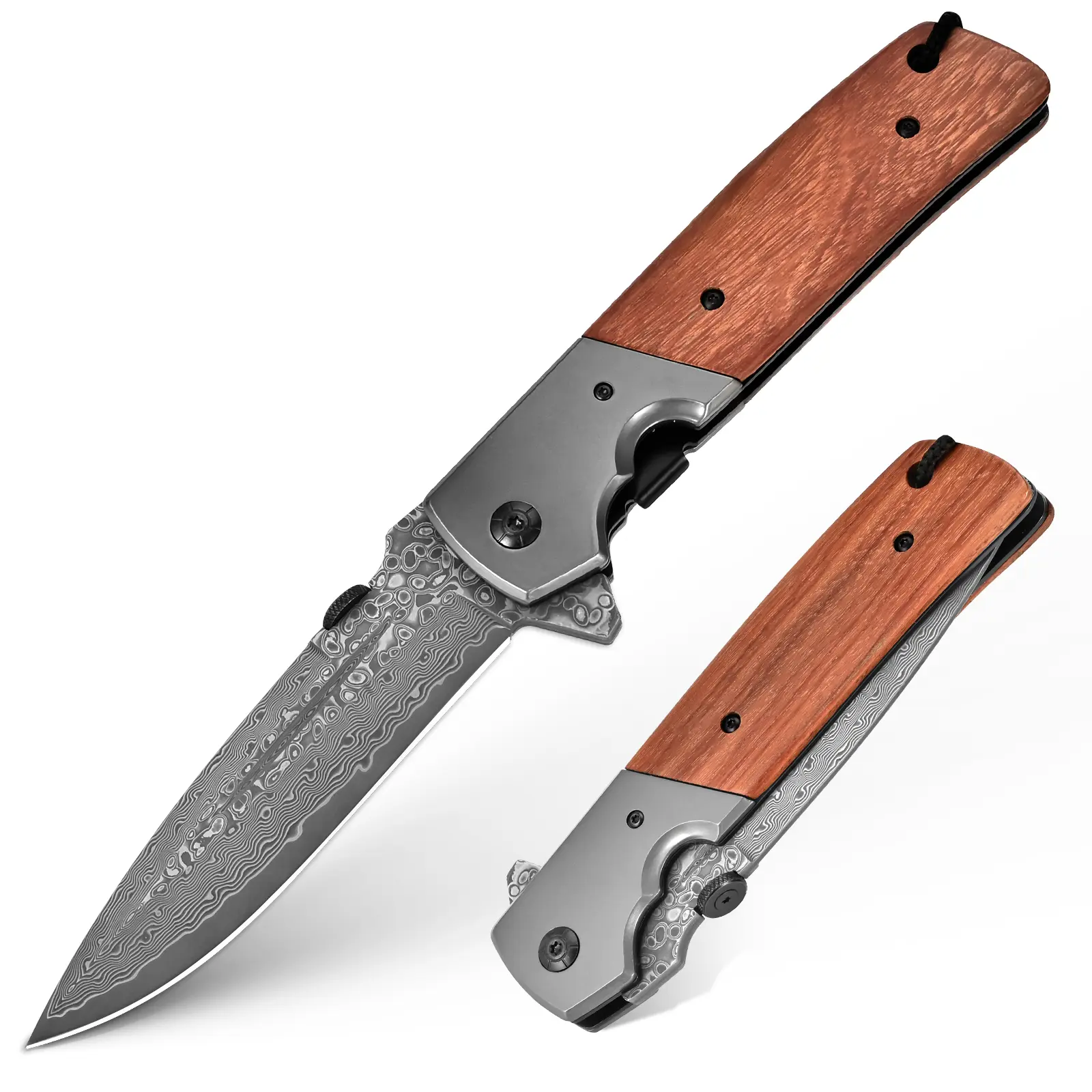 Tactical EDC Folding Knife, Practical Folding Knife Features Damascus steel composite blade and wooden handle Ideal for outdoor barbecues, camping, driving, daily carry, and unboxing tasks Men's gift, survival gear