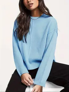 Women's Fashion Blue Ribbed Knit Sweater, Round Neck Loose Drop Shoulder Design, Casual Fall & Winter Commuter Top