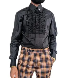 Timeless Black Ruffle Shirt Menswear Top Classic Formal French Elegant Trouser Underwear Long Sleeve Collar