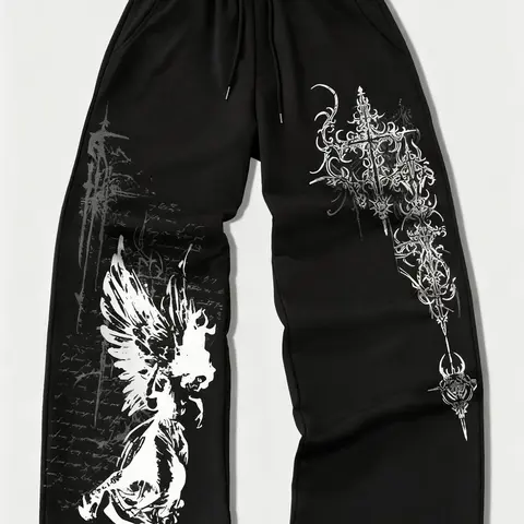 Men's Loose-Fit Joggers, Street Style Graphic Pants, Comfortable Drawstring Waist, All-Season Fashion, Y2K Inspired