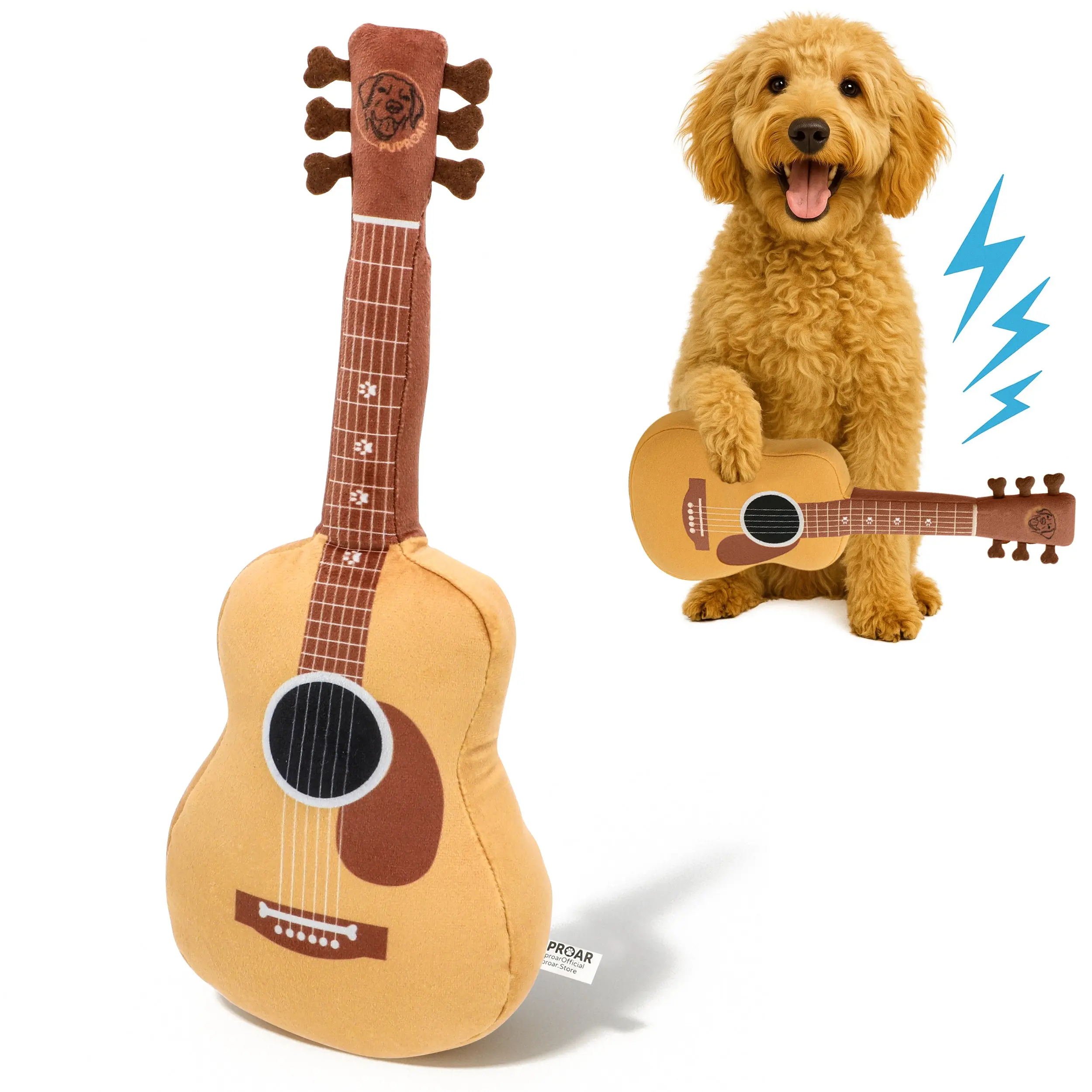 PUPROAR Acoustic Guitar Dog Toy – Plush Crinkle Squeaky Toy- Cute Birthday Present for Dogs