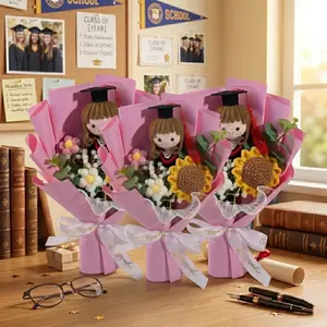 3-Piece Handmade Crochet Graduation Bouquet Set with Custom Amigurumi Doll & Forever Flowers - Class of 2026 Keepsake Gift for Graduates (Festive Party Supplies)