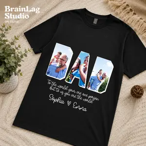 Custom Family Photo Letter T-Shirt Personalized Gift for Dad Mom Kids, Photo Collage Memory Shirt Birthday Anniversary Unisex Casual Tee