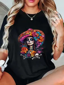 100% Cotton Unisex De Los Muertos La Catrina Day Of Dead Sugar Skull Women T-Shirt