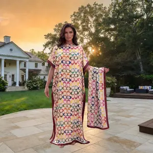 Colorful Kaftan Dress Women | Patterned Caftan Maxi Dress with Scarf | Boho Beach Cover Up Resort Wear | Loose Flowy Long Kaftan | Vacation Maxi Caftan Dress with Matching Scarf