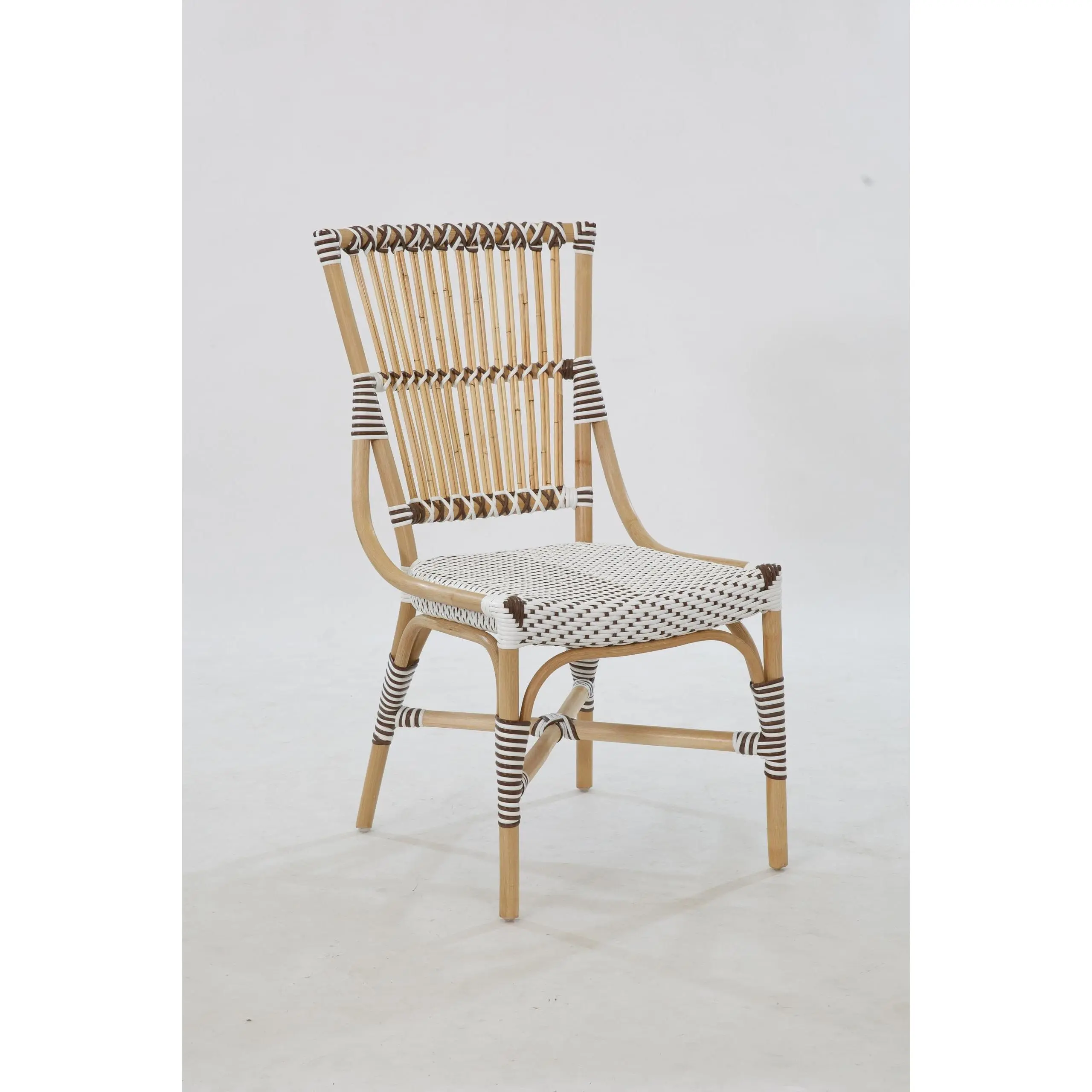 Aspen Brands Laguna Bistro Dining Side Chair - White & Cappuccino Striped Rattan Frame, 17” Seat Height, 24” Depth, Sponge Feature, Indoor/Outdoor Stackable, Durable, 300 lbs Max Weight Limit, Wash with Water, for Residential Use
