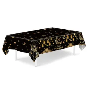 EastJia Made in USA Religious Rectangle Ramadan Eid Mubarak Polyester Tablecloth - Black Gold Moon Star Lantern Design, Washable Reusable, Islamic Muslim Home Decor, Ideal Eid Gift