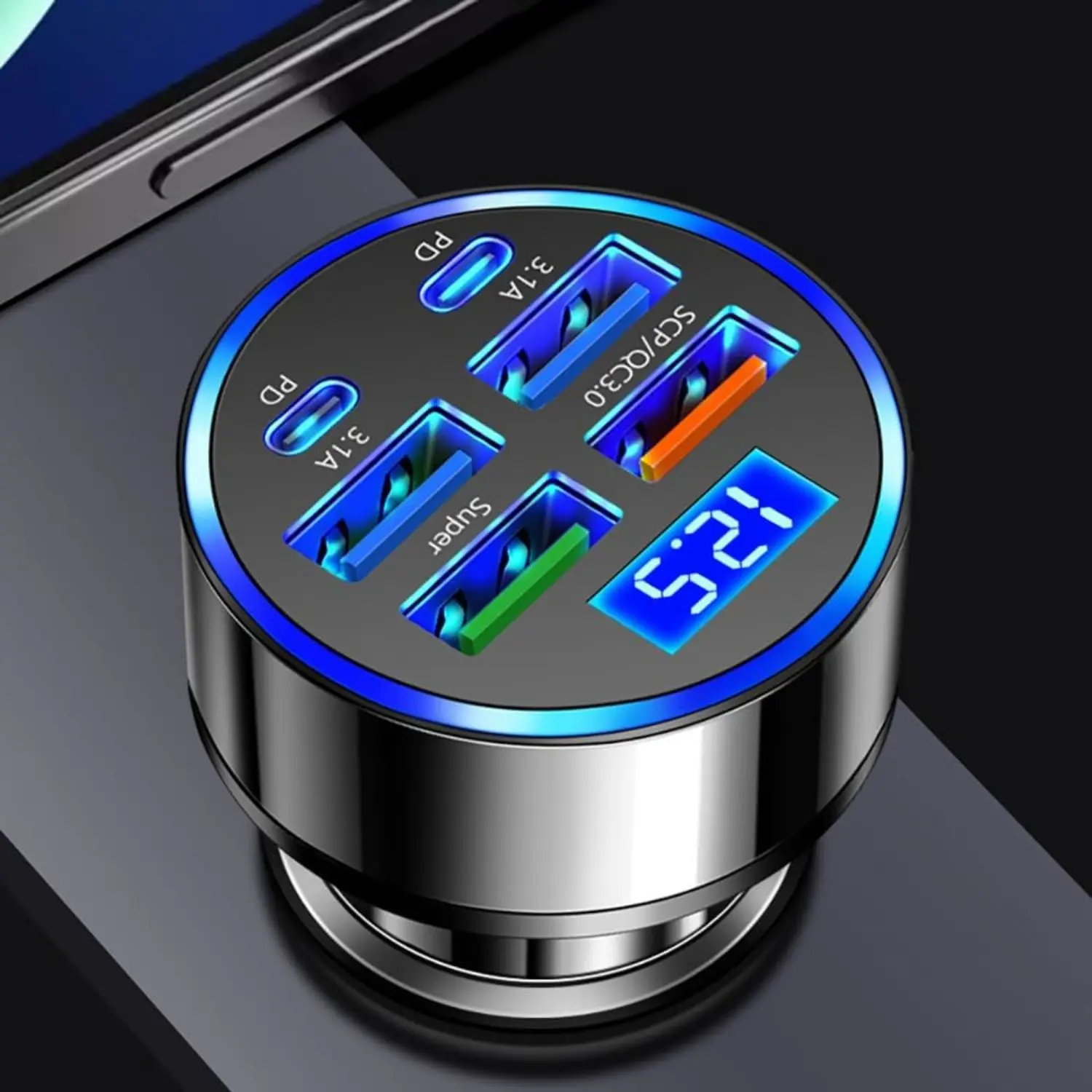 Car Charger 6 Port Cigarette Lighter USB Adapter LED Voltage Monitor (4USB+ 2*PD) Cigarette Lighter Adapter USB C Compatible with Android/iPhone and Tablets Devices (6 Port)