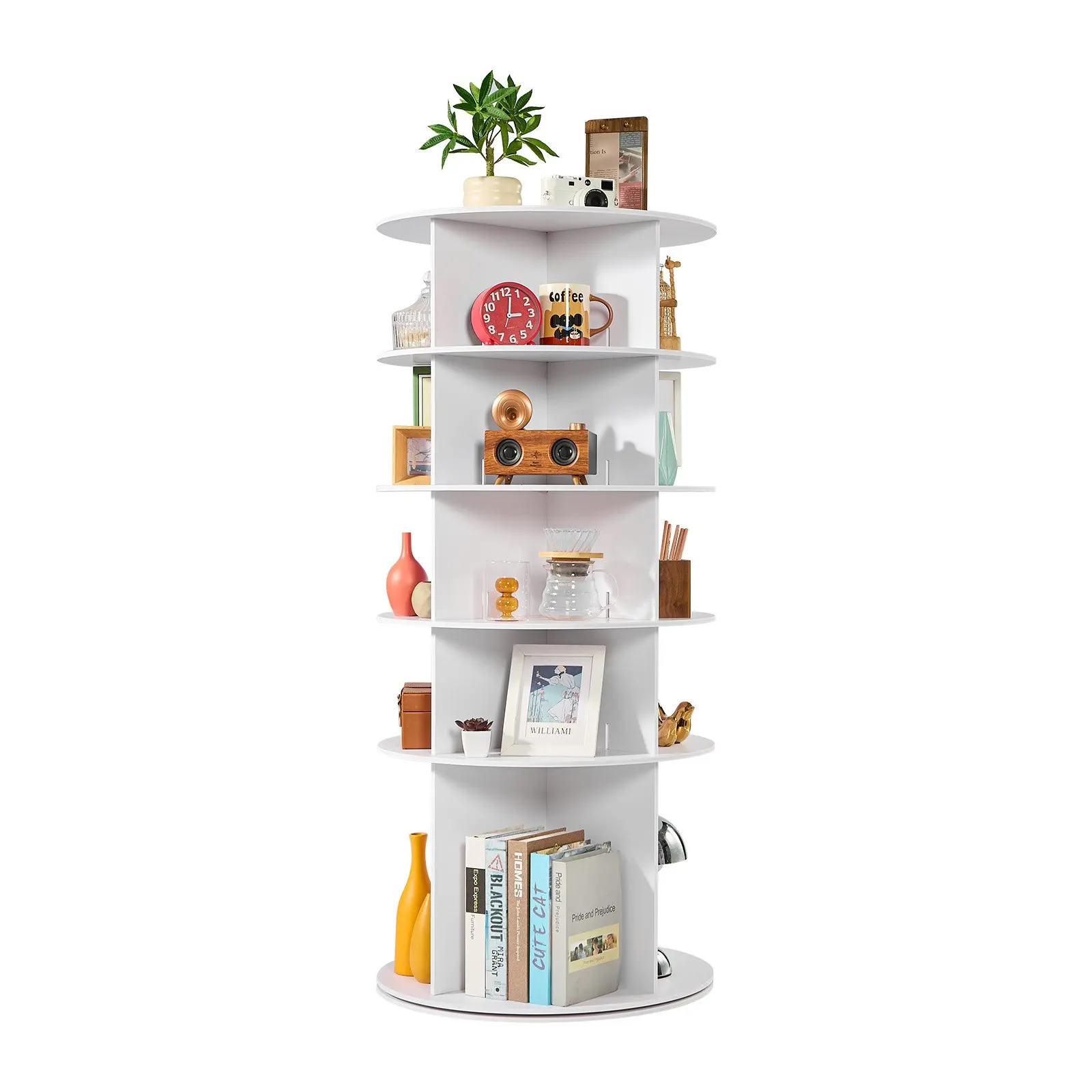 【DealsForYouDays】VEVOR 5-Tier Minimalist 360° Rotating Tiered Shelf Shoe Rack Tower, 23.5x23.5x53.1in 32.19lbs Freestanding Lazy Susan Organizer, Round PVC Panels Carousel Storage for Bedroom, Living Room, White