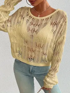 Women's Round Neck Hollow Out Knit Sweater, Knitwear Summer Dopamine Color Thin Knit Top Fit, Beach Pool Wear, Ladies Fashion Pullover