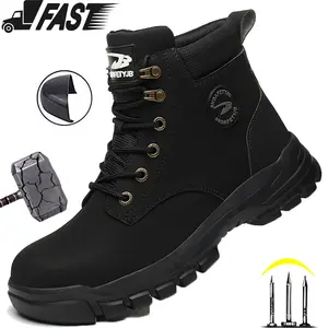 Safety Shoes Men Steel Toe Work Shoes Anti-smash Anti-puncture Indestructible Shoes Protective Boots Industrial Shoes High Top Black Construction Work Shoes Construction Work & Daily Wear