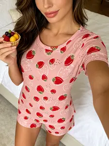 Spring Summer Sweet Cool Style Pajama Set for Women, Strawberry Print Round Neck Pullover, Short Sleeve Shorts Breathable Comfortable Two-Piece Set Loungewear Nightwear Pjs