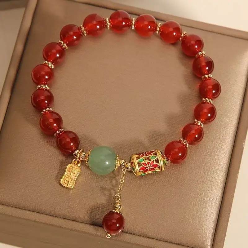 Exquisite Lucky Red Agate Beaded Charm Bracelet - Retro Synthetic Gemstone Jewelry For Women Men, Perfect Gift For Boyfriend Girlfriend Best Friend, Family And Friendships Elegant Stone Red Agate Bracelet