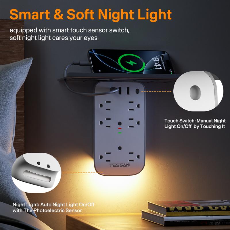 Tessan Wall Outlet Extender with Shelf Night Light Multi Plug Outlets USB Charger 6 AC 2 USB Ports 1 USB C for Home Office