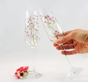 Cherry Blossoms on Golden Branches Flutes - 50th Anniversary Birthday Gift, Wine Glasses for Special Occasions - Drinkware