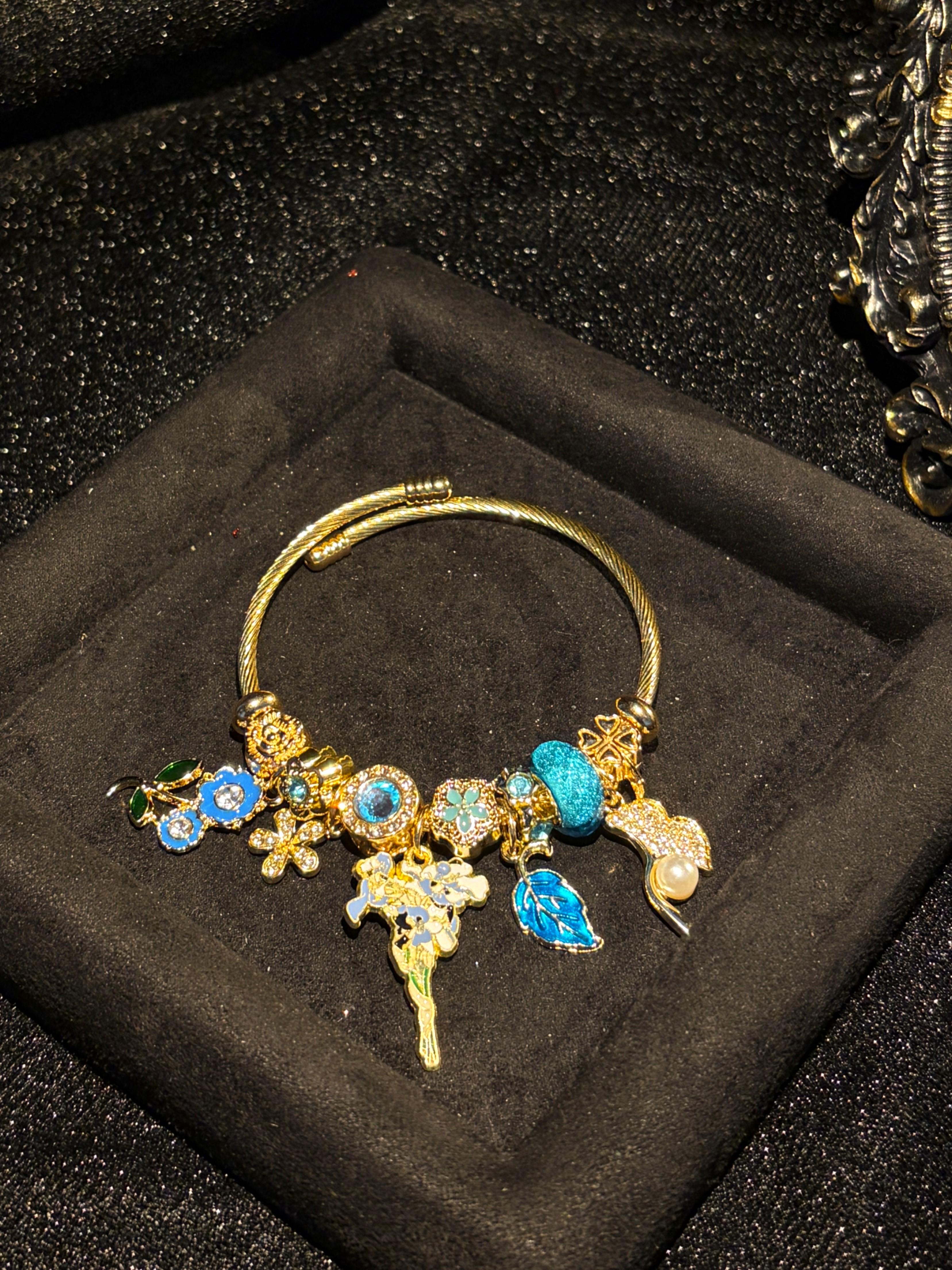 Women's Gold-Tone Enamel Floral Open Cuff Charm Bangle - Nature Collection Jewelry with Flower, Leaf, Pearl & Rhinestone Charms, Fashion Gift for Ladies