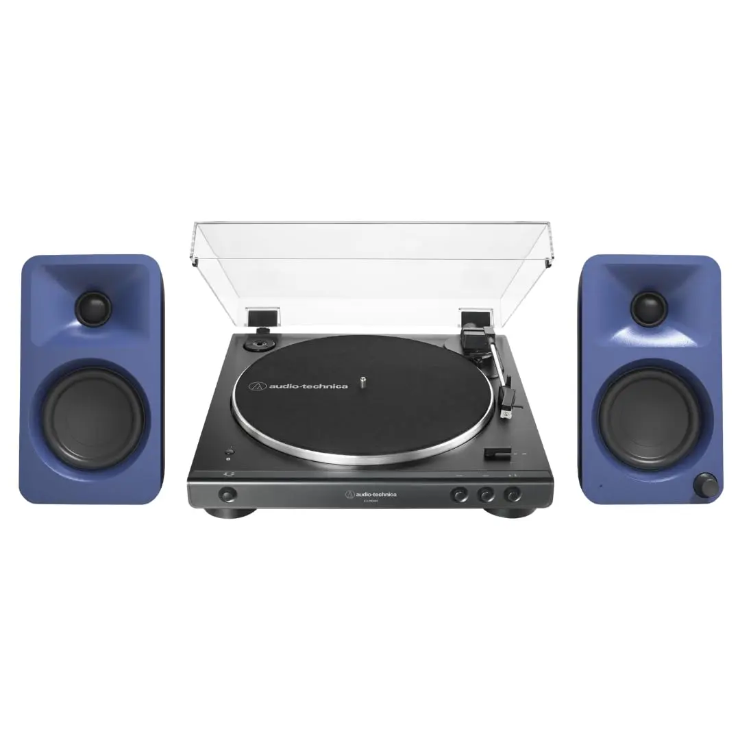 Kanto ORAME 100W Powered Reference Desktop Audio Speakers (Indigo) with Paper Cone, Detailed Mids, Computer Compatibility, USB Type-C - Bundle with 60XBT-BK Fully Automatic Belt-Drive Bluetooth Vinyl Turntable & Built-In Digital Amplifier, Stereo, Setting