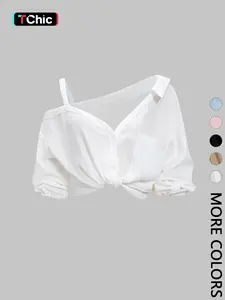 1 Spring Summer Asymmetric Cold Shoulder Blouse Women | Collared Button Down Textured Fabric 3/4 Sleeve | Clean Girl Casual Chic Style for Daily Vacation Beach Travel