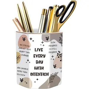 Cute Pen Holder for Desk, Ceramic Pencil Holder, Makeup Brush Holders, Desktop Stationery Organizer for School Students Office Women Teens Girls Boys, Words