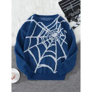 New Fashion Autumn Winter Spider Web Jacquard Pullover Sweater, Casual Round Neck Knit Men's Jumper, Spring & Fall Fitted Style