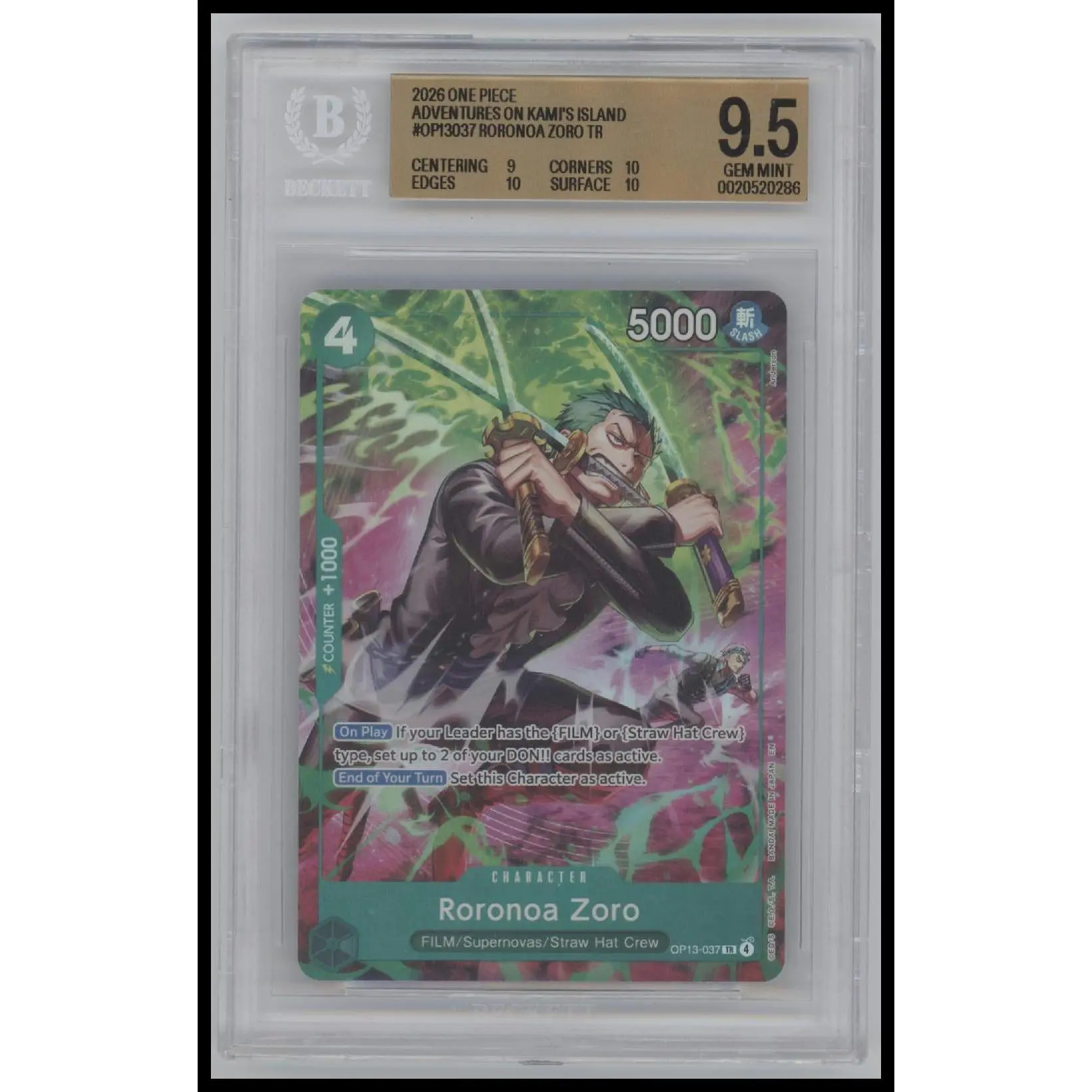 2026 One Piece Adventures on KAMI's Island Roronoa Zoro TR 9.5 BGS #OP13-037