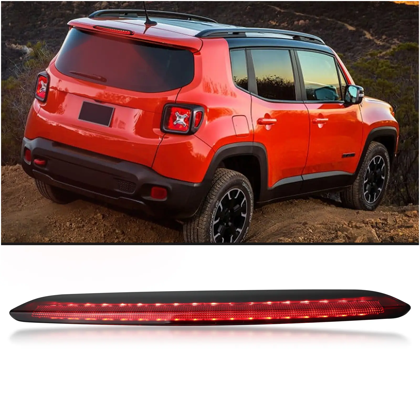 Smoked Lens LED Third Brake Tail Light Assembly for 2015-2023 Jeep Renegade, Eco-Friendly Vehicle Accessory with Instant-On Luminous Backlights, Shock-Resistant, Toolless-Install High Mount Stop Lamp, OEM Connectors Direct-Fit Plug & Play Replacement
