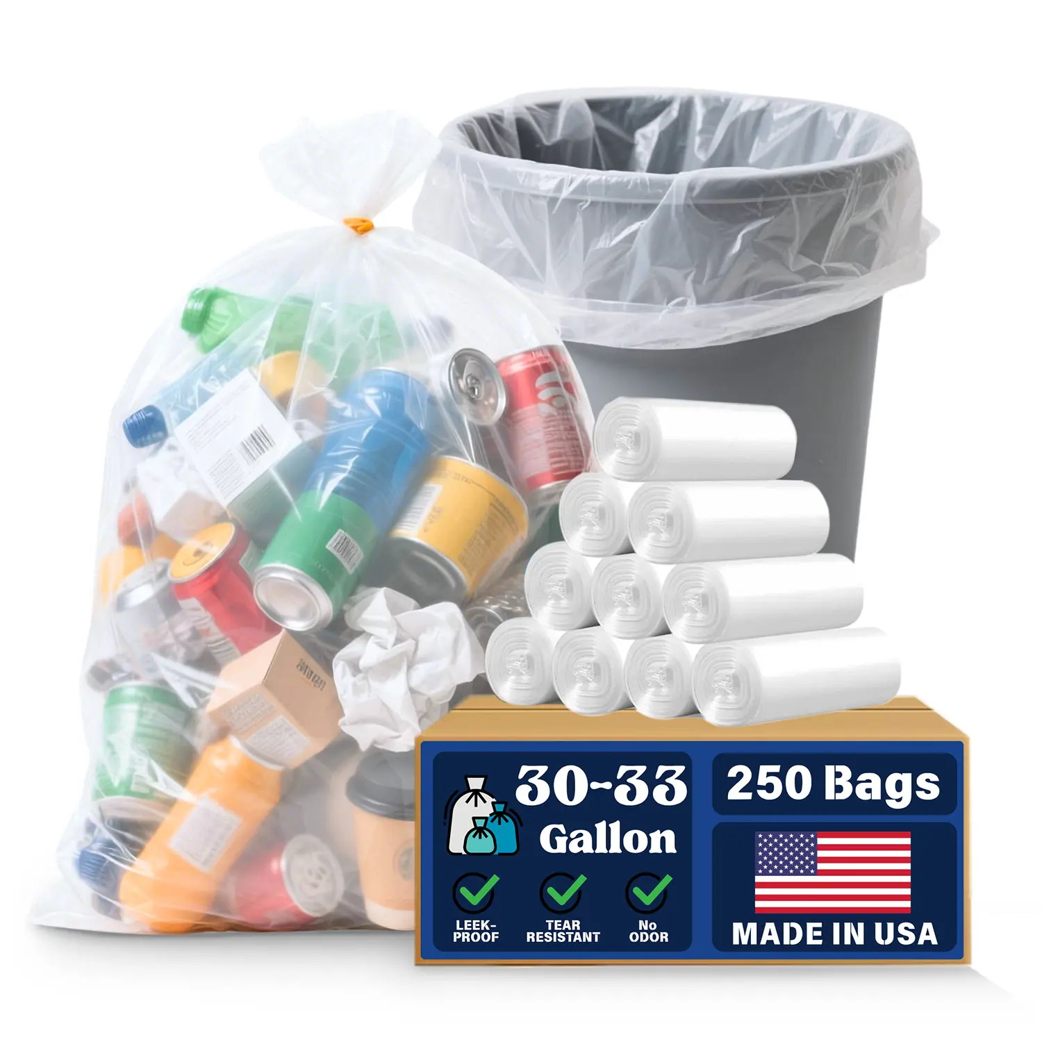 30-33 Gallon Trash Bags, 250 Count Bulk Value Clear Large Garbage Bag | Leak-Proof Star Seal Bottom, Plastic Bolsas para basura,  Recycling Trash Can Liners,   Bin Bag, Puncture-Resistant Plastic Waste Bags for Kitchens Yards Offices Commercial
