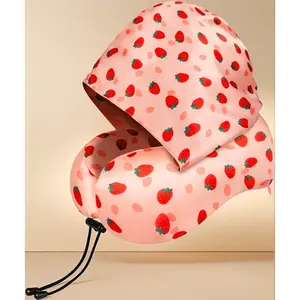 Anti-Frizz Satin Travel Neck Pillow with Hood – Memory Foam for Short Hair, Airplane Sleep & Long Flight Essentials – Strawberry
