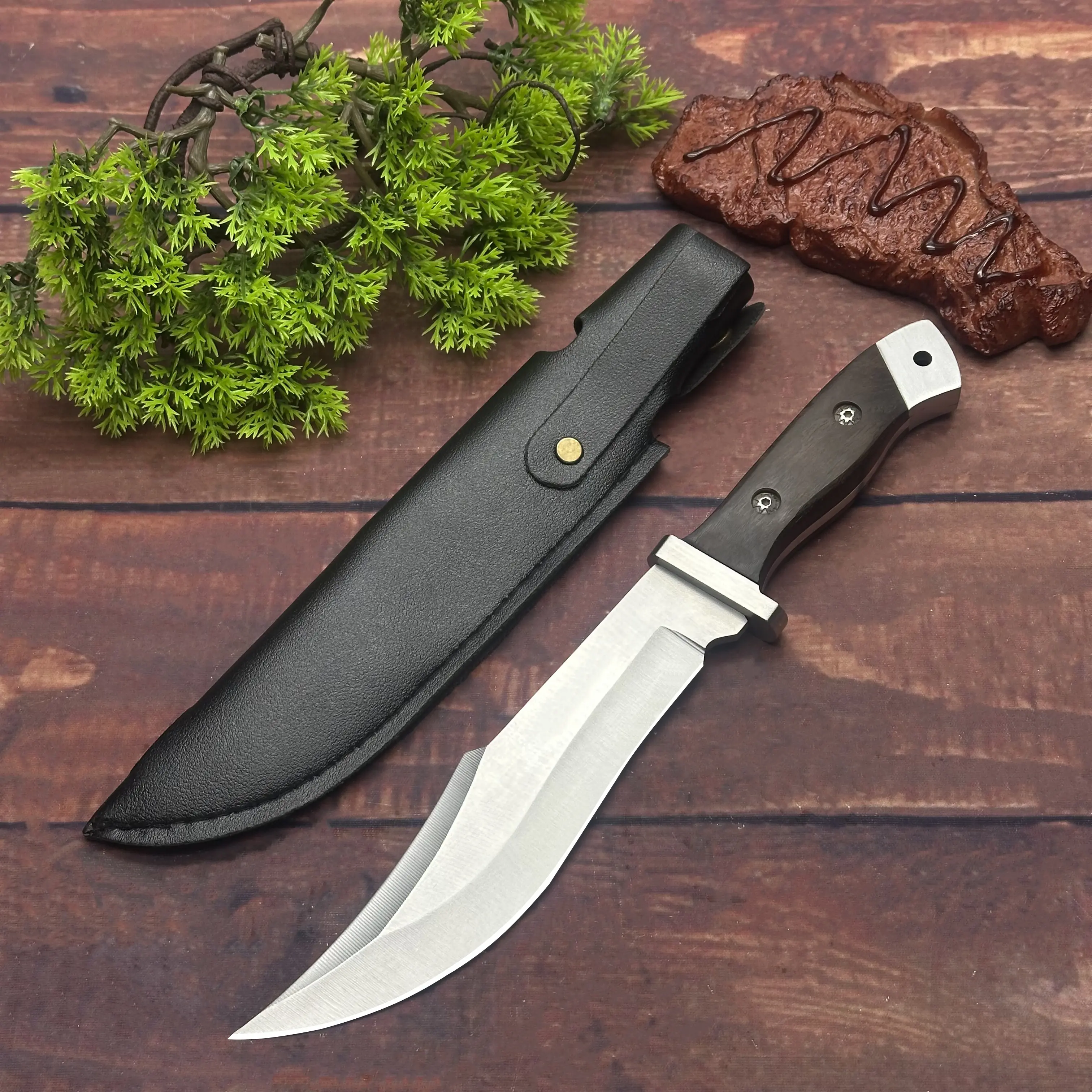 Wood-Grain Handle Camp Kitchen Prep Knife with Silver Finish Blade and Black Protective Sleeve for Outdoor Meal Preparation