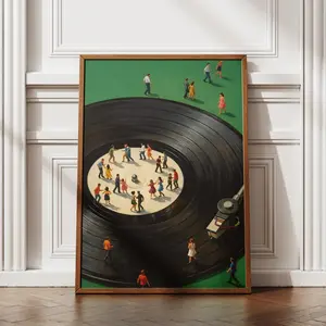 [Unframed] Vinyl Record Wall Art Print, Retro Turntable Dancers Poster, Mid Century Music Decor, Music Lover Gift