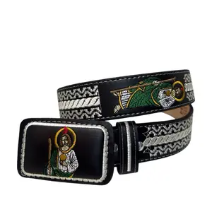 Western Cowboy - Cinto Bordado Vaquero San Judas Western Cowboy Embroidered Belt Saint Jude with Unique Design and Black Buckle