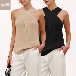 YeeZaa Women's Halter Tank Top Knit Cross Over Collar Sleeveless Solid Color Casual 2026 Spring Summer Blouse Knit Tank Vest