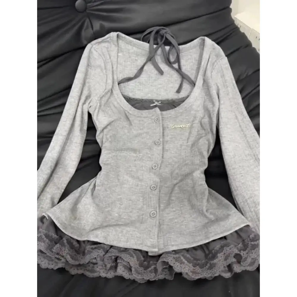 Deeptown Sweet Coquette T-shirts Women Shoujo Girl Aesthetic Elegant T-Shirts Japanese Lace Patchwork Long Sleeve Babydoll Tops