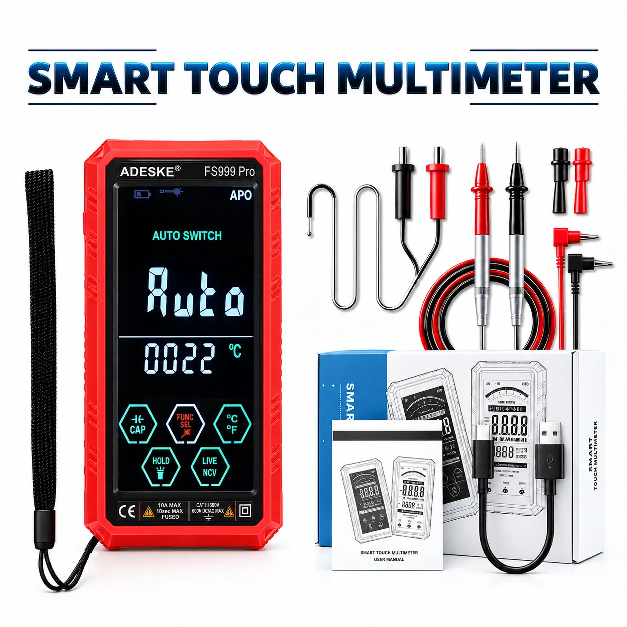ADESKE Smart Touch Digital Multimeter – Large color display, laser guidance, temperature testing, shock-resistant protection, and auto-power-off; a professional electrical measurement instrument.