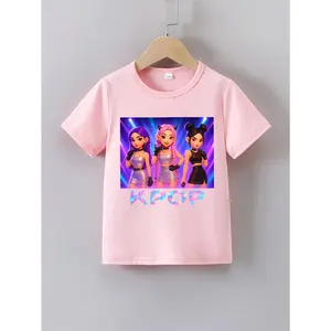 Girls' Summer Short Sleeve T-Shirt with "K-POP Demon Girl" Cartoon Print | Casual Crew Neck, Slight Stretch Fabric, Regular Fit
