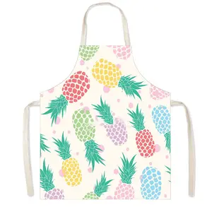 1pc Linen Apron with 2D Graphic Design, featuring colorful pineapple patterns. The printed apron is suitable for home kitchen cooking, baking, painting, dishwashing, cleaning and other activities.
