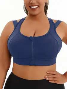 【Plus Size】 Solid Cut Out Zipper Front Sports Bra, Stretch Sports Bra, Breathable Comfortable Sports Bra for Women, Gymclothes, Women's Sport & Outdoor Clothing for Indoor Outdoor Exercise Wear, Workout Clothes Women, Solid Color Bra