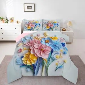 Vintage Floral Comforter Set,Pink and Blue Flower Bedding Set,for Girls Kids Teen,Boho Flowers Wildflower Bed Set,Country Cottage Core Room Decor,Ultra Soft