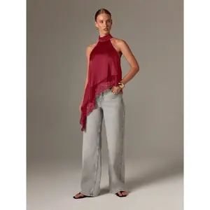 Women’s sleeveless high-neck lace-trimmed asymmetrical satin top, special occasion shirt for late autumn, elegant backless vest GARMENTARY