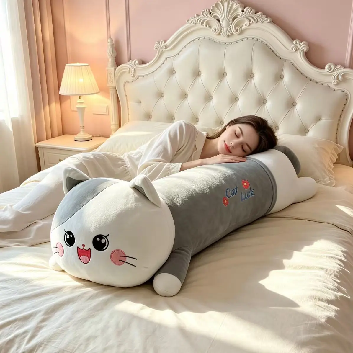 Soft Fufu “lying cat” long hugging sleep pillow; soothing leg-clip cushion; bedroom companion plush toy for ambiance