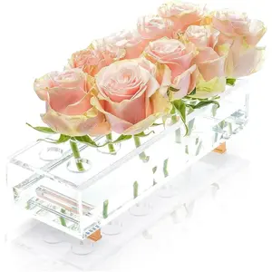 Flower Vase Rectangular with  Plated  , Clear  Flower Vase for  Wedding Dining Table Decor,  for Your Loved Ones ( not Included) (12 Holes)