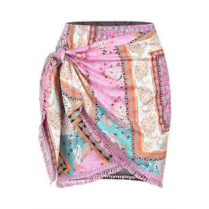 Slit Skirt for Women Boho Print Tie Side Wrap Tassel Casual Beach Mini Skirt