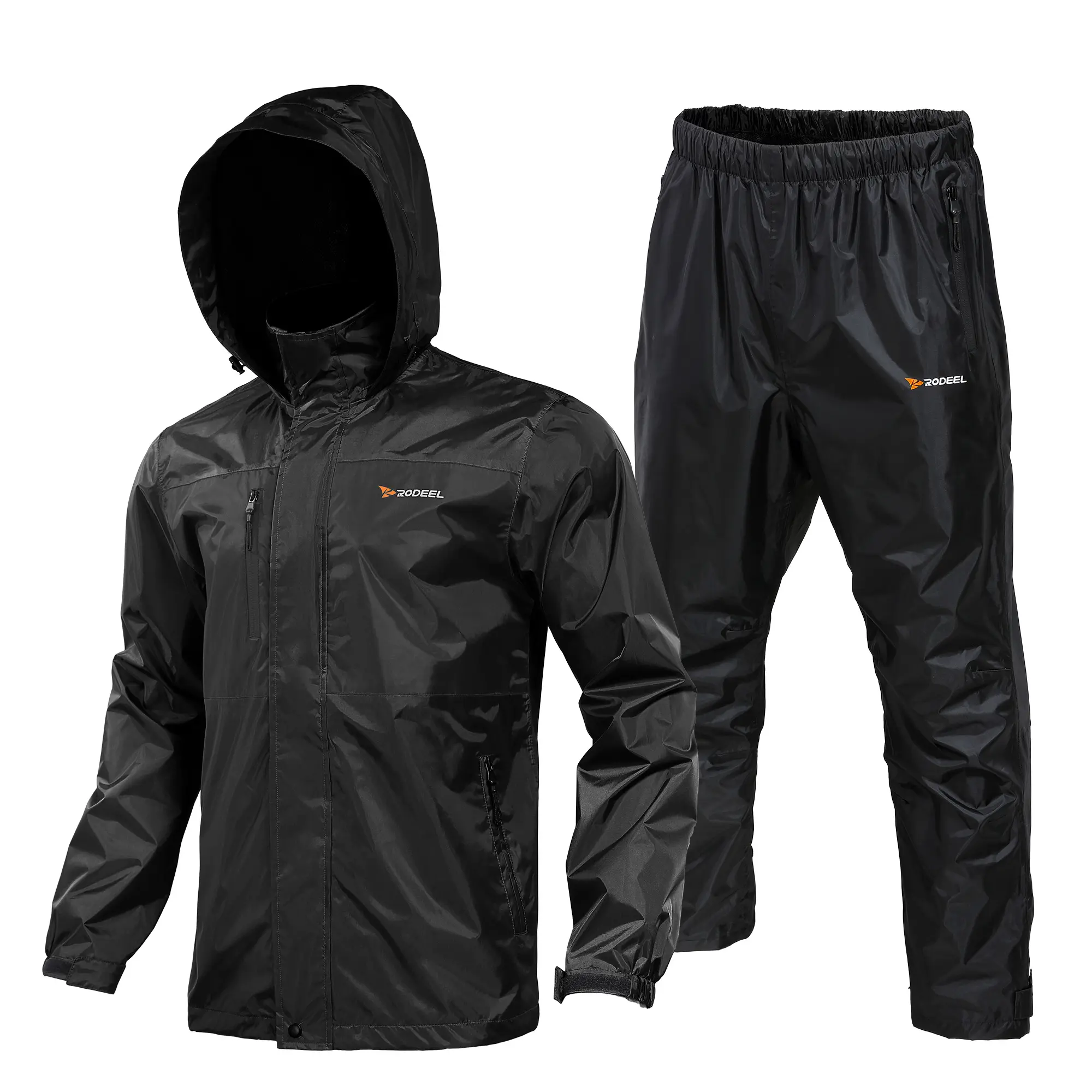 RODEEL 702 Waterproof Men’s Rain Suit Set Jacket & Pants, Lightweight Breathable Full Zip Hooded Raincoat, Durable Weatherproof Windbreaker Workwear for Outdoor Fishing, Boating, Construction, Roofing, Landscaping, Tree Service